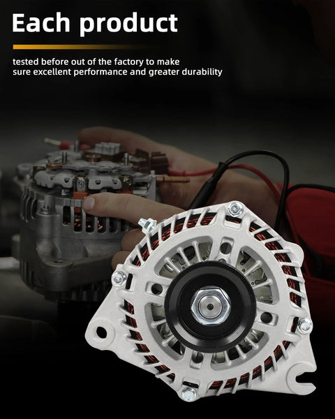 110 Amp 12 Volt Alternator Replacement Drop In For Mazda 6 2009 To 2013 3.7L And Mazda CX 9 2007 To 2015 3.5L And 3.7L With 6 Groove Pulley CW Rotation Durable Auto Electrical Part shown with manual testing in background