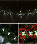 Collage of Solar Outdoor Lights 12 Pack Waterproof Pathway Lights With Auto On Off Plug And Play Yard Patio Landscape Walkway Lighting 12 Hour Bright Starburst LEDs Easy Setup Decorative Garden Lights illuminating gardens and pathways.