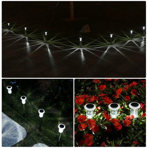 Collage of Solar Outdoor Lights 12 Pack Waterproof Pathway Lights With Auto On Off Plug And Play Yard Patio Landscape Walkway Lighting 12 Hour Bright Starburst LEDs Easy Setup Decorative Garden Lights illuminating gardens and pathways.