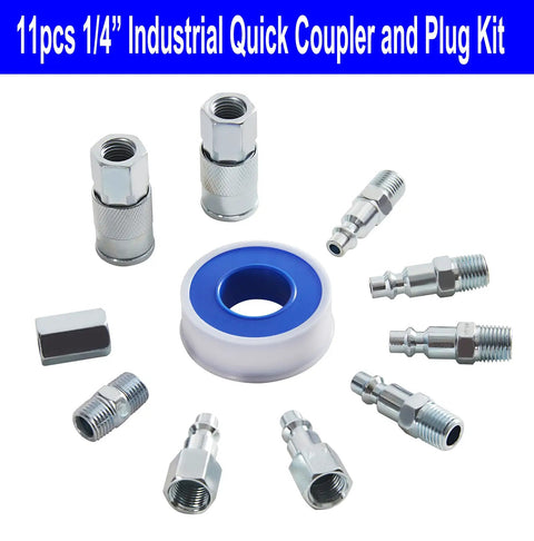 11-piece 1/4 inch industrial quick coupler and plug kit with thread seal tape for Heavy Duty Air Compressor Kit