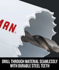 Close-up of the Heavy Duty Bi Metal Hole Saw Kit 7 Piece With Case showing sharp teeth and drill bit for wood and metal cutting