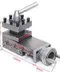 Swing lathe tool post assembly on steel base with top turret, bolts, and hand crank