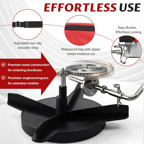 Big 25 Lb Seed Spreader For Lawn And Garden showing adjustable shoulder strap with metal gears and waterproof bag features