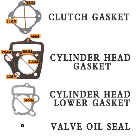 Gasket Kit for 110cc Chinese ATV Dirt Bike Go Kart Quad 52.4mm Bore Head With 48.5mm Fit, Beefed-Up Oil Resistant NY300 Rubber 23 Piece Set For 1P52FMH Engine Rebuild, showing clutch gasket, cylinder head gasket, cylinder head lower gasket, valve oil seal.