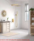 12 Inch Square Rain Shower Head High Pressure Stainless Steel Brushed Gold installed in modern bathroom setting