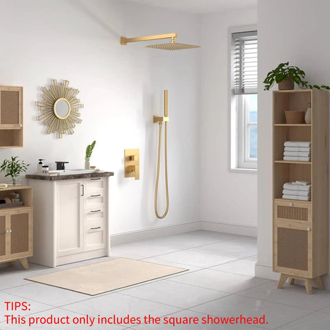 12 Inch Square Rain Shower Head High Pressure Stainless Steel Brushed Gold installed in modern bathroom setting