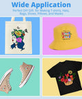 DTF Transfer Film For Sublimation 30 A4 Sheets 8.3x11.7 Inches Direct To Film Paper For Inkjet Printers Easy To Use Cotton Tee Transfers Vivid Colors That Last Through Washes And Stay Soft After Each Wear shown on tote bag, hat, shoes, and t-shirt.
