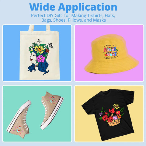 DTF Transfer Film For Sublimation 30 A4 Sheets 8.3x11.7 Inches Direct To Film Paper For Inkjet Printers Easy To Use Cotton Tee Transfers Vivid Colors That Last Through Washes And Stay Soft After Each Wear shown on tote bag, hat, shoes, and t-shirt.