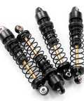 Four Pack Metal RC Shock Absorbers 70 80 90 100 110 120mm Damper Set for One Tenth RC Crawlers Including Axial SCX10 TRX4 D90 D110 RR10 CC01 Black 80mm Upgrade for Smoother Ride and Balanced Handling shown in a close-up angle showcasing the spring and piston design