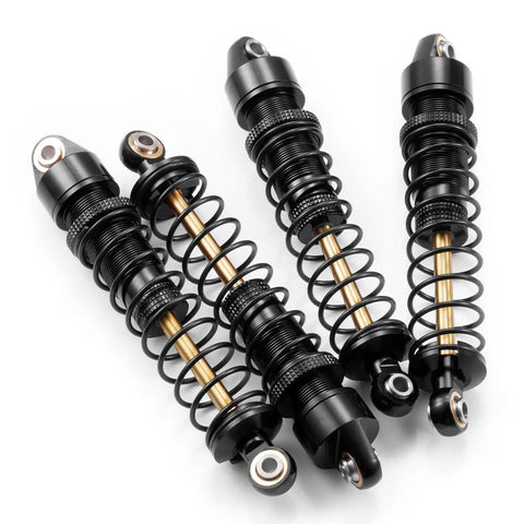 Four Pack Metal RC Shock Absorbers 70 80 90 100 110 120mm Damper Set for One Tenth RC Crawlers Including Axial SCX10 TRX4 D90 D110 RR10 CC01 Black 80mm Upgrade for Smoother Ride and Balanced Handling shown in a close-up angle showcasing the spring and piston design