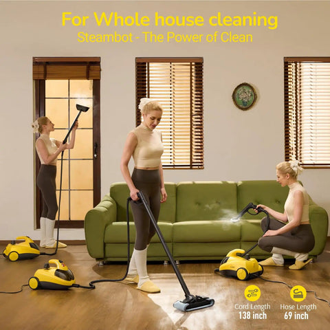 Three women using Heavy Duty Steam Cleaner With 2L Water Tank, 28 Piece All In One Multipurpose Kit in a living room.