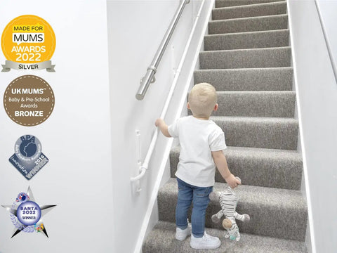 Fully Adjustable Toddler Stair Handrail Built Like A Tank For Little Ones Grows With Your Kid To Deliver kid climbing stairs safely.