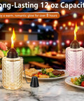 Tabletop Citronella Torches 4 Pack For Outdoor Lighting, Glass Torch Canisters With Wick And Cap, 12oz Each, multi-color in use