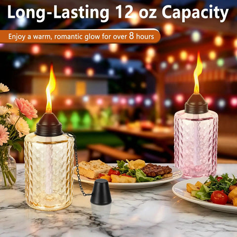 Tabletop Citronella Torches 4 Pack For Outdoor Lighting, Glass Torch Canisters With Wick And Cap, 12oz Each, multi-color in use