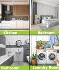 Modern home interiors showing kitchen, bedroom, bathroom, and laundry room with appliances and furnishings.