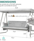 3 To 4 Person Outdoor Patio Swing With Canopy, 2 In 1 Swing Bed, Adjustable Backrest, 800 Lb Capacity dimensions diagram