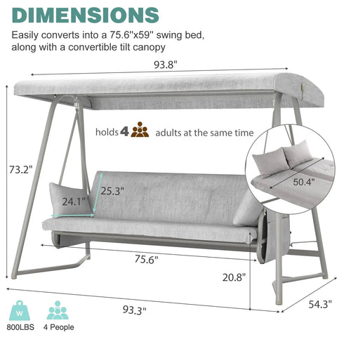 3 To 4 Person Outdoor Patio Swing With Canopy, 2 In 1 Swing Bed, Adjustable Backrest, 800 Lb Capacity dimensions diagram