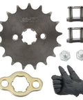 17 Tooth 428 Front Sprocket With 2 Chain Links Replacement Kit for dirt bikes, showing sprocket, chain links, bolts, and spacer.
