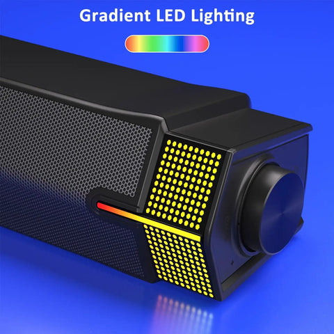 Close-up of M20 USB Powered Desktop Speakers showing gradient RGB LED lighting on the side panel, part of a 10W stereo sound system.