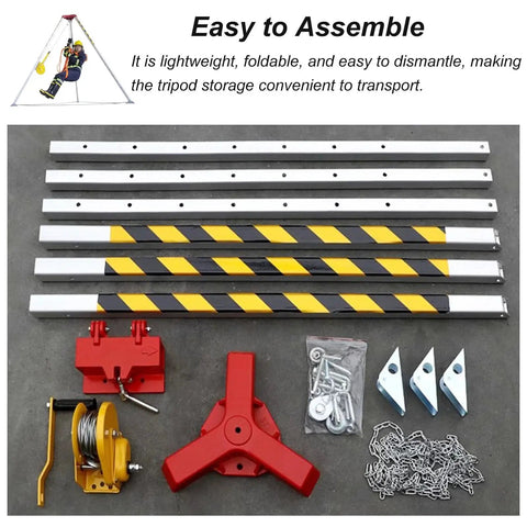 Heavy Duty Pulley Hoist Aluminum Rescue Tripod Worksite Ready Lift Kit components with self-locking winch and steel cable