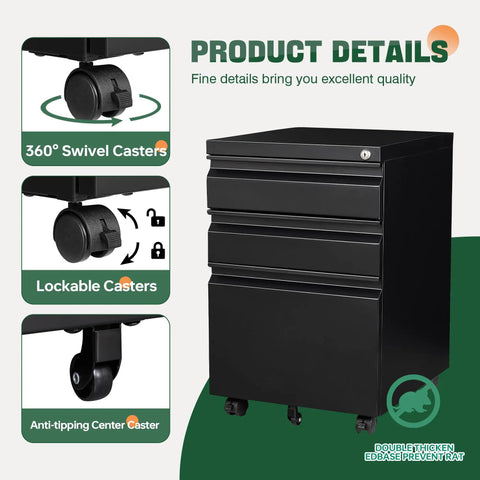 3 Drawer Mobile File Cabinet With Lock Heavy Duty Under Desk Steel Filing Cabinet with wheels and lock details