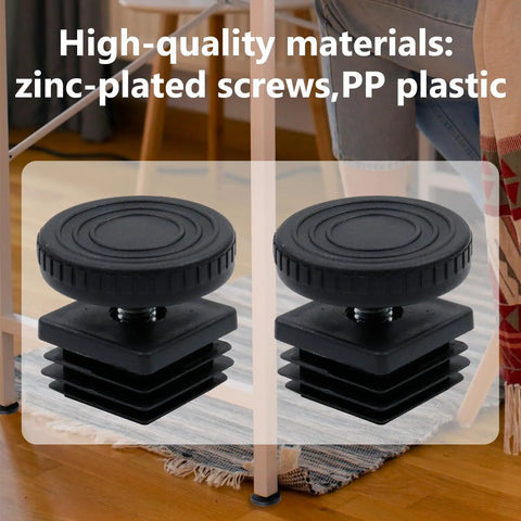 Level Out Your Workspace Essentials With These Adjustable Leveling Feet, Featuring 30X30MM Square Tube Insert Caps, Rock Solid M8 Threads Keep Everything Locked Down, Durable Plastic Metal Pair - close-up of black leveling feet with zinc screws.