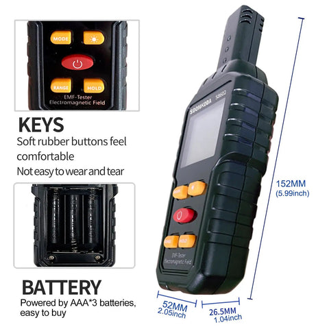 Three In One EMF Meter And Reader For Home Office And Outdoors Electromagnetic Field Radiation Detector with dimensions and buttons shown