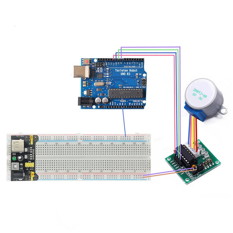 Arduino UNO R3 microcontroller with ULN2003 driver board and 28BYJ-48 5V stepper motor on breadboard