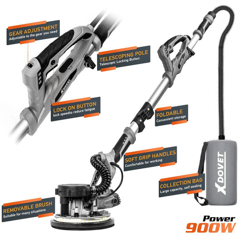 Close-up of Drywall Sander With 900W Power, 24 Sanding Discs, 6 Speed Settings 1000-1600 RPM, extendable handle, and accessories.