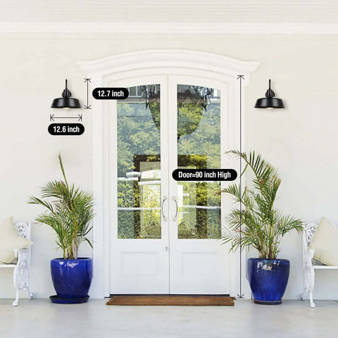 Gooseneck Barn Outdoor Light Exterior Wall Sconce For Farmhouse Front Door Porch Garage And Patio, Dusk To Dawn Sensor, 12.6 Inch, 2 Pack Bundle installed by a glass door.