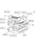 Diagram of Cross Slide Drill Vise 2 Way X Y Compound Vise for Milling and Drilling with labeled parts and dimensions.
