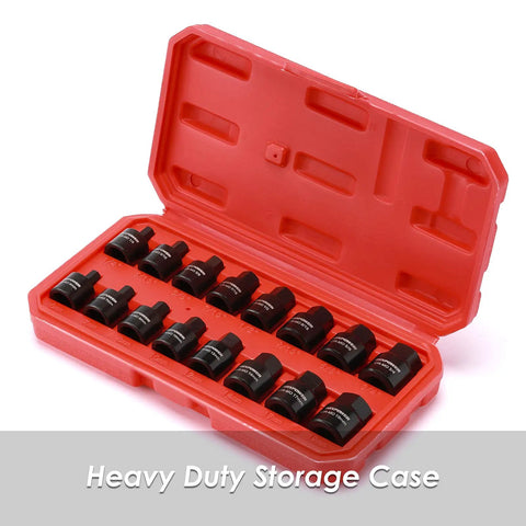 Three Eighth Inch Drive Low Profile Impact Hex Driver Set 16 Piece SAE And Metric Hex Bits Cr Mo Steel in red case