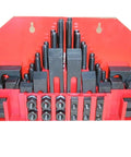 58 Piece Clamping Kit For T Slot Fixtures Three Eighths Inch with nuts, bolts, and step blocks displayed in red holder
