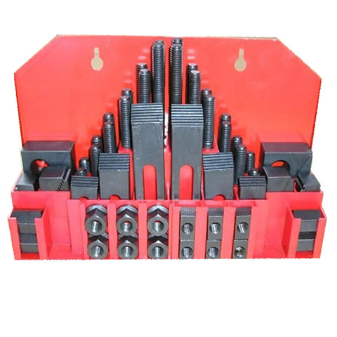 58 Piece Clamping Kit For T Slot Fixtures Three Eighths Inch with nuts, bolts, and step blocks displayed in red holder