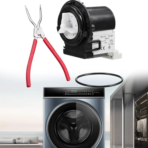 Washer Drain Pump Motor Assembly 4681EA2001T For Washing Machine Drainage Fixes, Easy No Fuss Replacement Part, Quiet Operation, Low Noise, Prevents Leaks, Compatible With Most Front And Top Loaders; black plastic pump with pliers