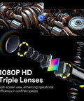 Detailed view of 1080P triple lenses and split-screen feature of 7 Inch IPS Endoscope With Lights And 1080P Triple Lens Borescope.