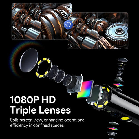 Detailed view of 1080P triple lenses and split-screen feature of 7 Inch IPS Endoscope With Lights And 1080P Triple Lens Borescope.