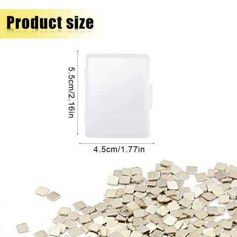 DIY Friendly Silver and Gold Plated Alloy Solder Chips for Jewelry Making and Repair next to a measuring box, 4 Grams