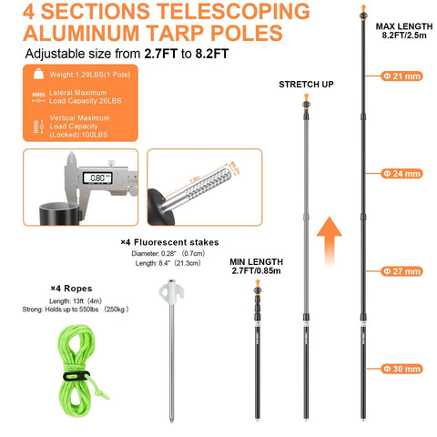 4-section telescoping heavy duty aluminum tent poles for tarp and canopy, adjustable size, with non-slip cone, max length 8.2ft