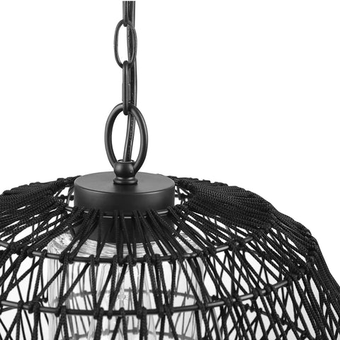 Close-up of black woven fabric shade on 1 Light Outdoor Indoor Plug In Pendant Light With Black Woven Fabric Shade, Matte Black Finish