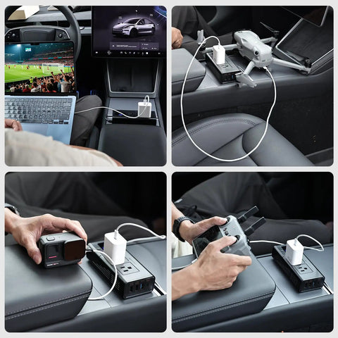 Portable 200W Car Power Inverter Dc 12 Volt To 110 Volt Ac Converter charging a laptop and drone in a vehicle center console.