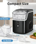 Quick Chill Countertop Nugget Ice Maker Churns Out Soft Chewable Pellet Ice In Eight Minutes, compact design with ice basket.