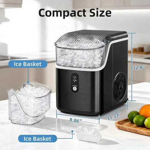 Quick Chill Countertop Nugget Ice Maker Churns Out Soft Chewable Pellet Ice In Eight Minutes, compact design with ice basket.