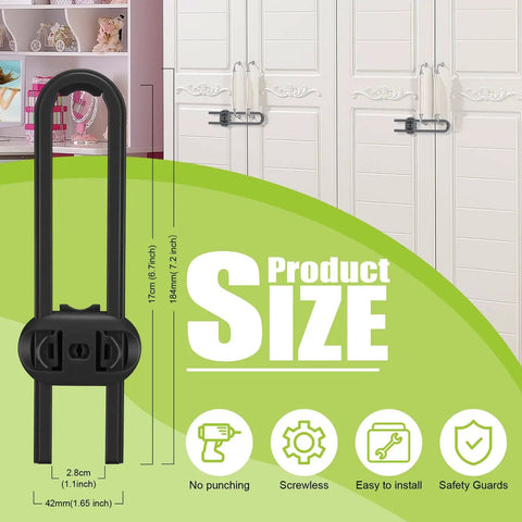 Six Pack Adjustable U Shaped Child Safety Cabinet Locks displaying lock dimensions and installation features