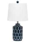 Blue Ceramic Table Lamp With Handpainted White Pattern, White Fabric Shade, Easy Rotary Socket Switch, 12-inch Diameter, 22-inch Tall
