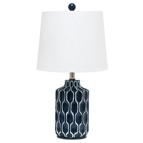 Blue Ceramic Table Lamp With Handpainted White Pattern, White Fabric Shade, Easy Rotary Socket Switch, 12-inch Diameter, 22-inch Tall