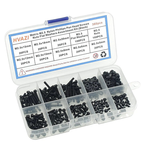 Metric M2.5 Nylon Phillips Pan Head Screws Nuts Flat Washers Assortment Kit Black PA66 360 pcs in storage case