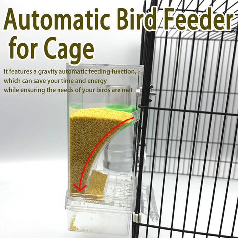 Heavy Duty Automatic Bird Feeder And Water Dispenser Cage Combo showing gravity-fed design with seed storage in clear container.