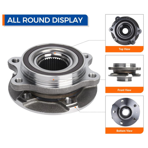 Front And Rear Wheel Hub Bearing Assembly For Audi A4 A5 A6 RS5 RS7 Quattro Allroad Q5 SQ5 S4 S5 S6 S7 S8 513301 Compatible Direct Fit Replacement Premium OEM Grade Hub Assy Easy Install Durable Performance And Smooth Ride, displayed in top, front, and bottom views