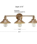 Brass Gold 3 Light Industrial Farmhouse Vanity Wall Sconce With Metal Shade For Bathroom Kitchen And Entryway Modern Sleek Dope Illumination With LED Bulbs Included Perfect Mirror Light, front view with dimensions."}